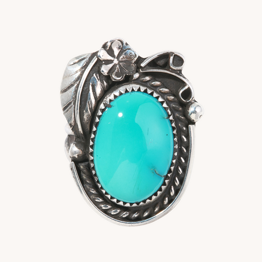 Turquoise Ring with Leaf and Flower Applique