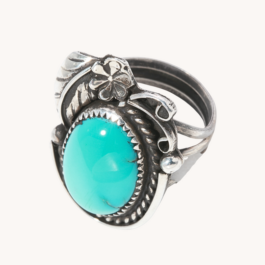 Turquoise Ring with Leaf and Flower Applique