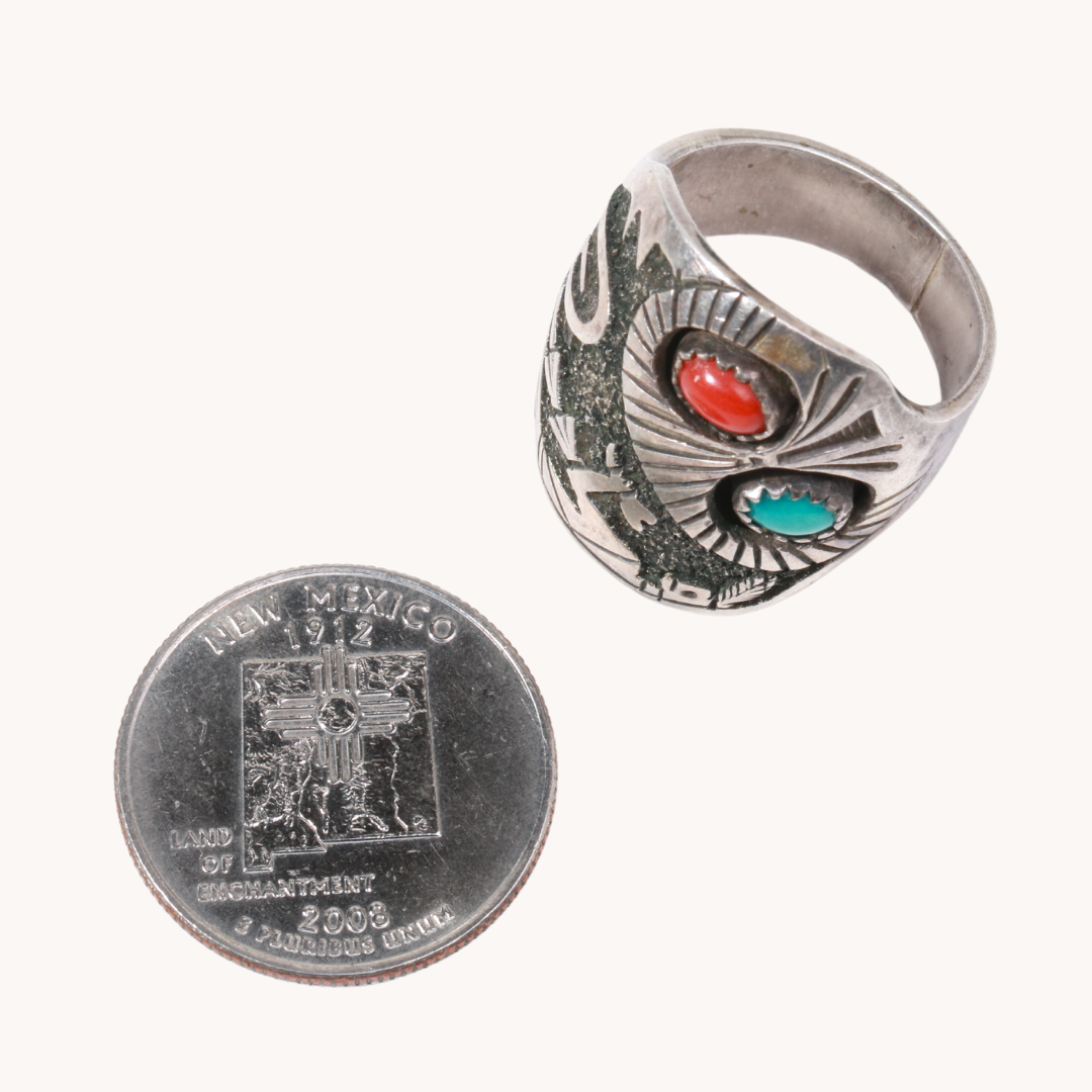 Turquoise and Coral Kokopelli Ring