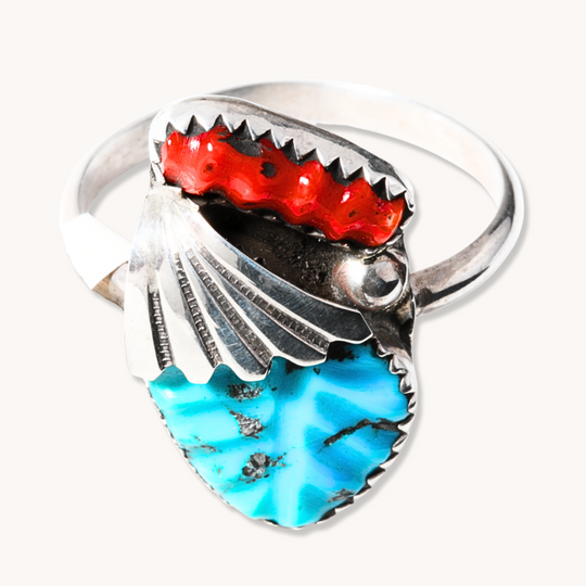 Hand-Carved Turquoise and Coral Ring