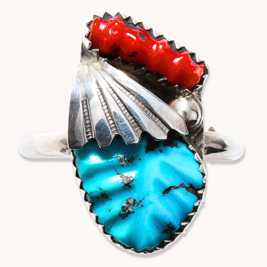 Hand-Carved Turquoise and Coral Ring