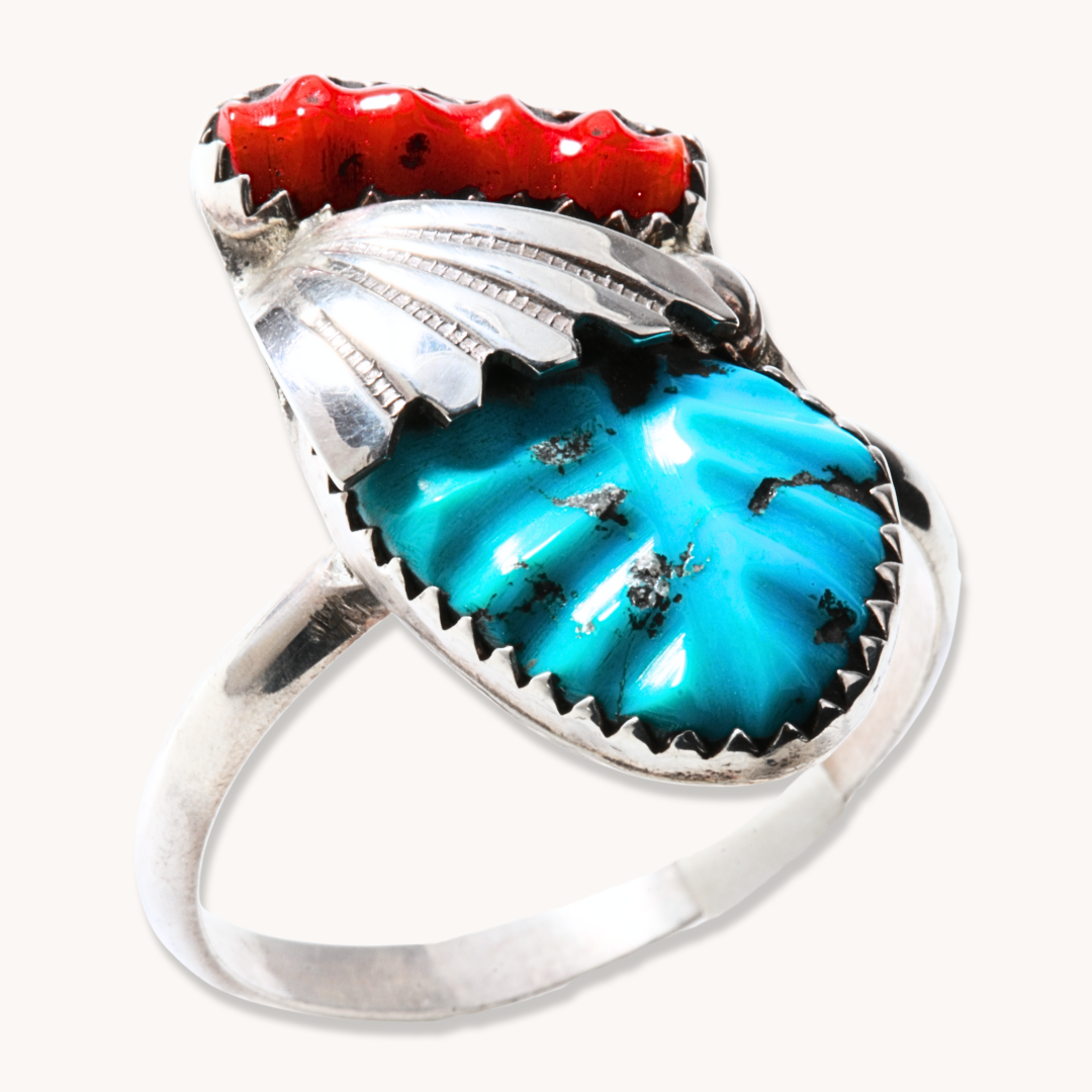 Hand-Carved Turquoise and Coral Ring