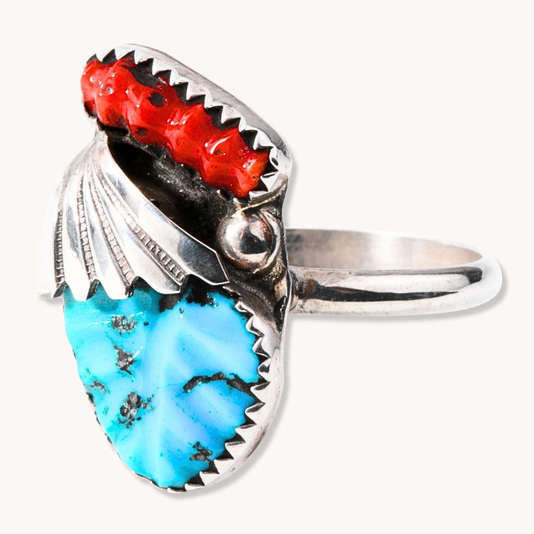 Hand-Carved Turquoise and Coral Ring