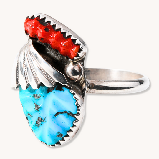 Hand-Carved Turquoise and Coral Ring
