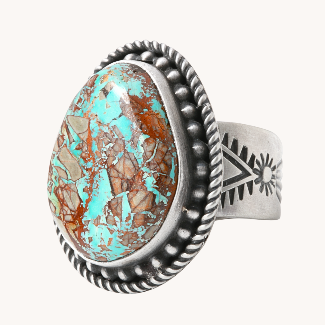 Turquoise Ring with Bead Wire Border