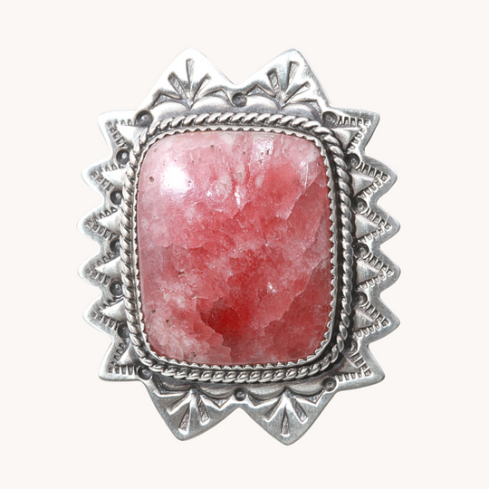 Square Rhodochrosite Ring with Stampwork