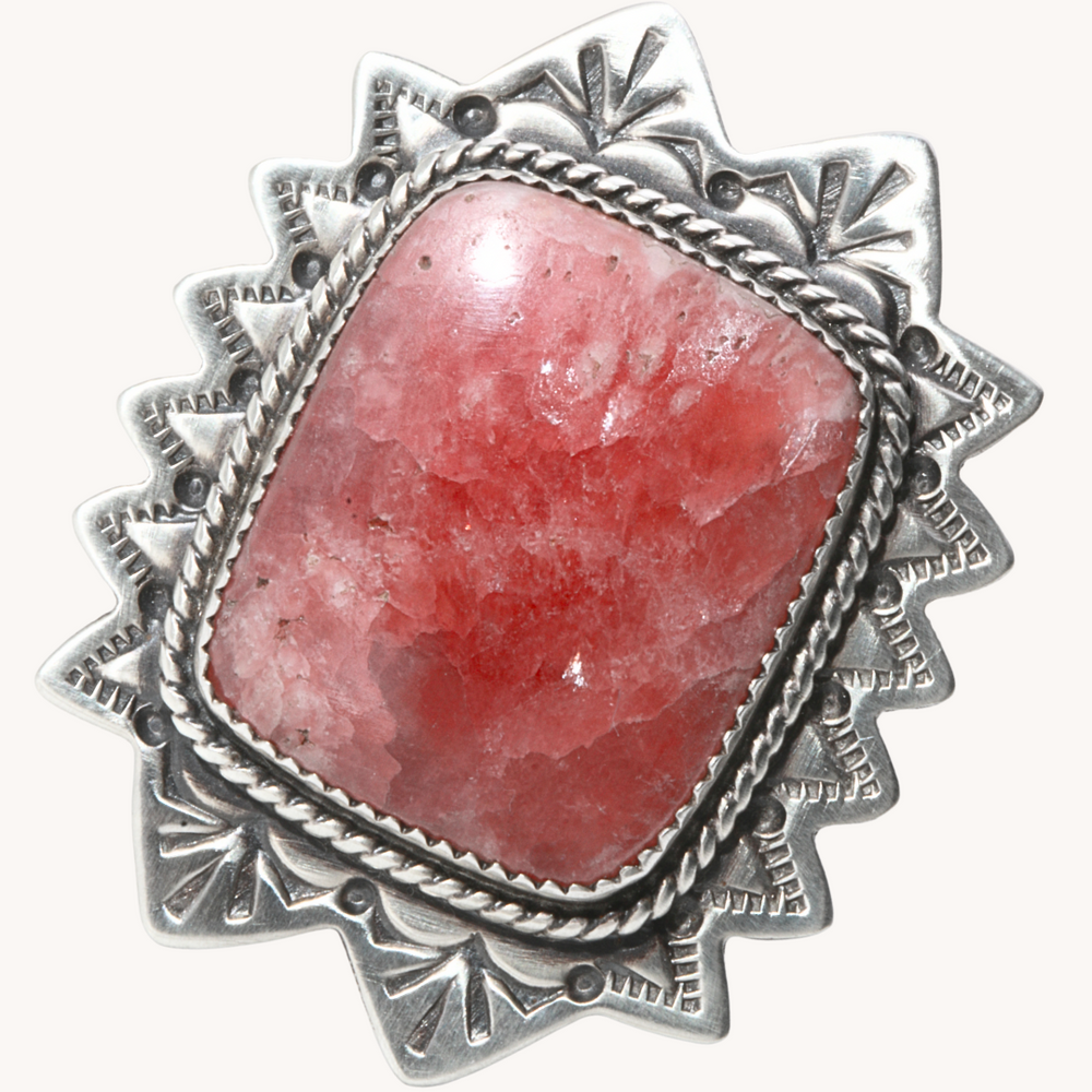 Square Rhodochrosite Ring with Stampwork