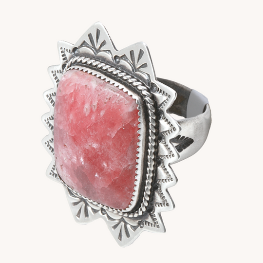 Square Rhodochrosite Ring with Stampwork