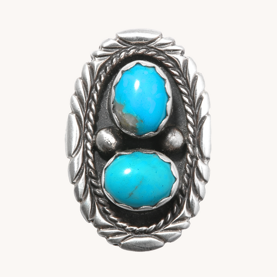 Two-Stone Turquoise Ring with Patterned Border