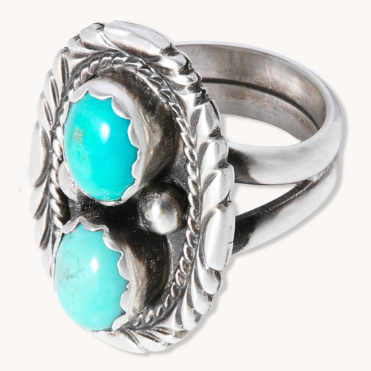 Two-Stone Turquoise Ring with Patterned Border