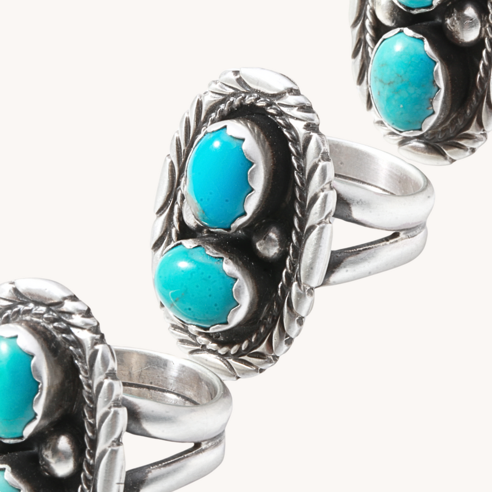 Two-Stone Turquoise Ring with Patterned Border