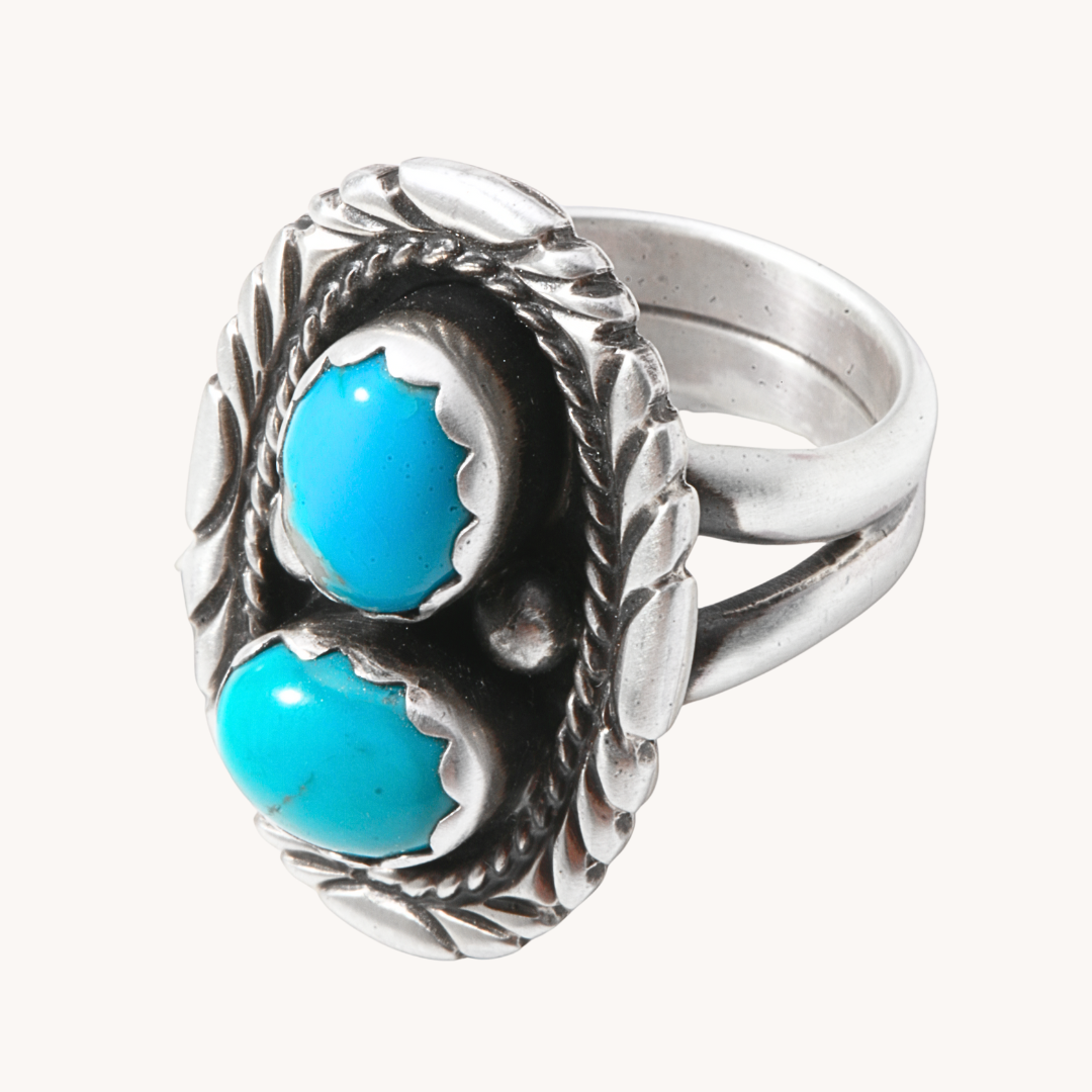 Two-Stone Turquoise Ring with Patterned Border