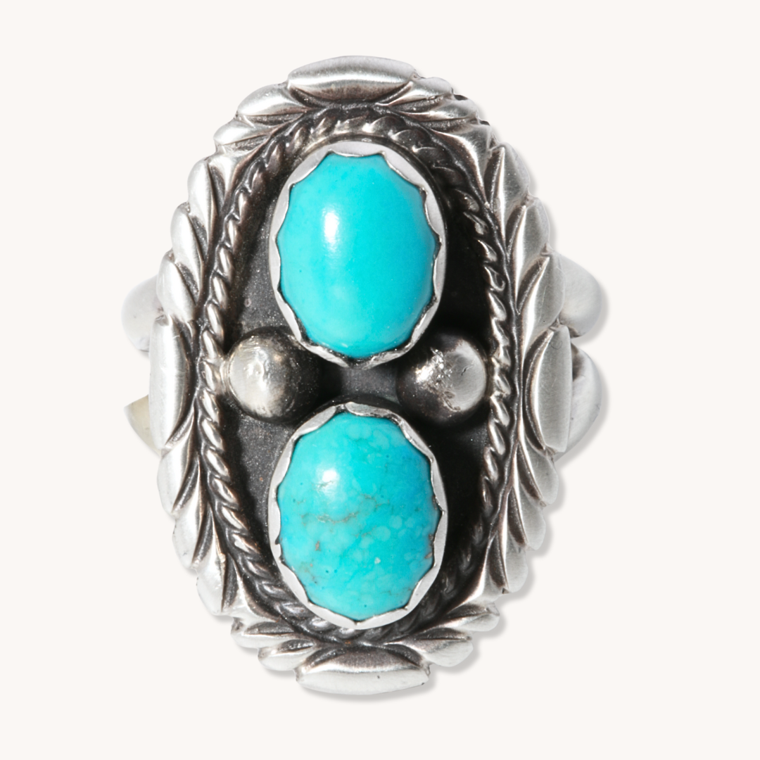 Two-Stone Turquoise Ring with Patterned Border