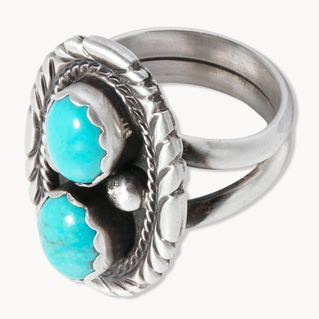 Two-Stone Turquoise Ring with Patterned Border