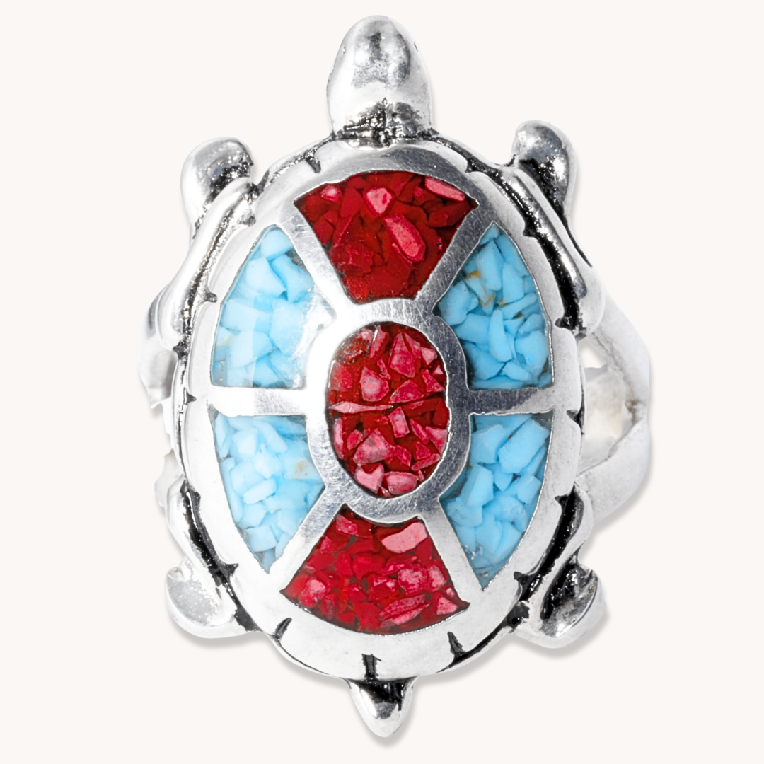 Turquoise and Coral Chip Inlay Turtle Ring
