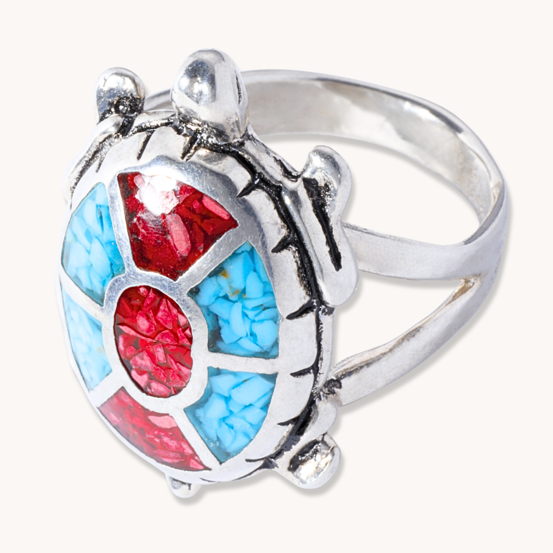 Turquoise and Coral Chip Inlay Turtle Ring