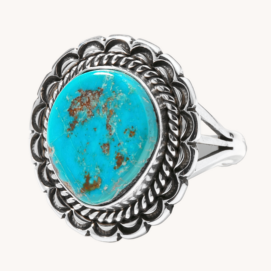 Turquoise Ring with Stampwork Border