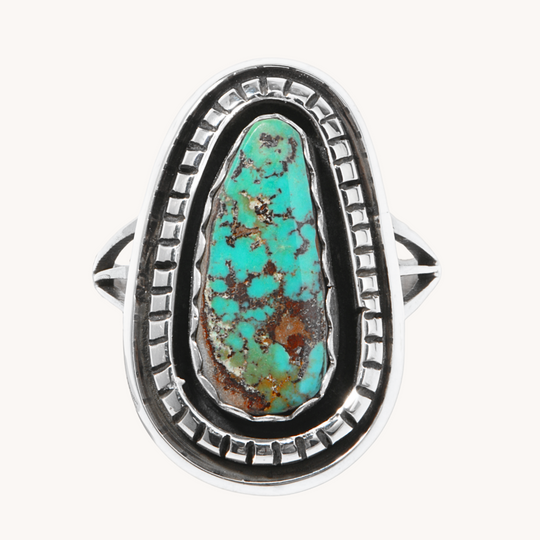 Shadowbox Turquoise Ring with Saw-Work Border