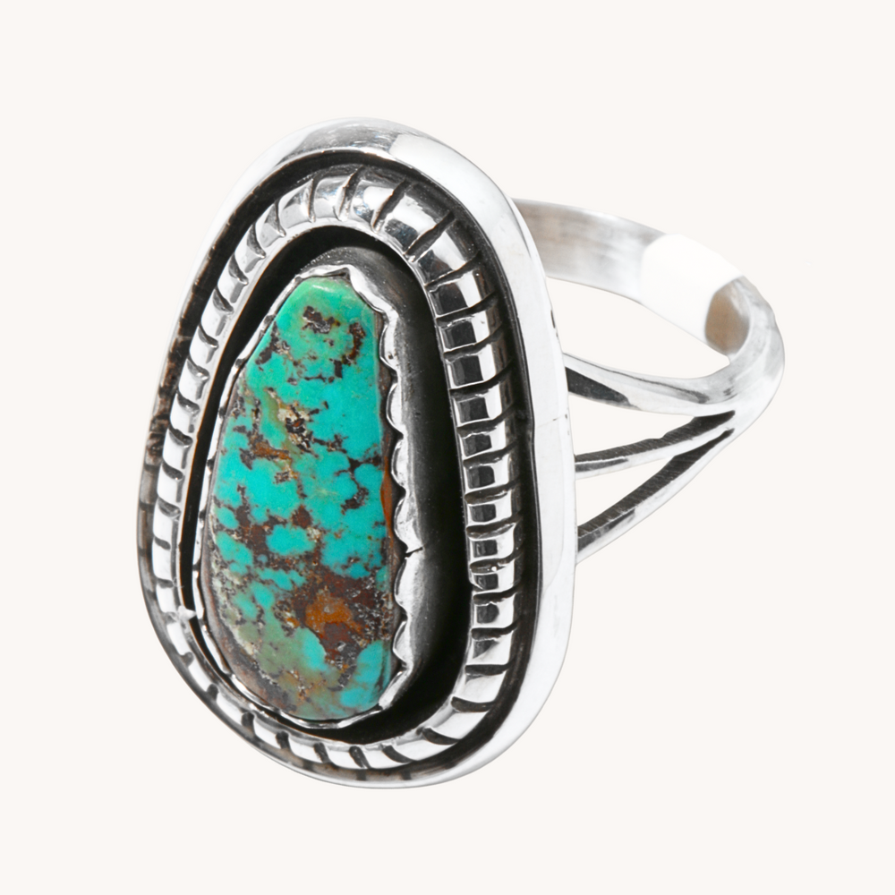 Shadowbox Turquoise Ring with Saw-Work Border