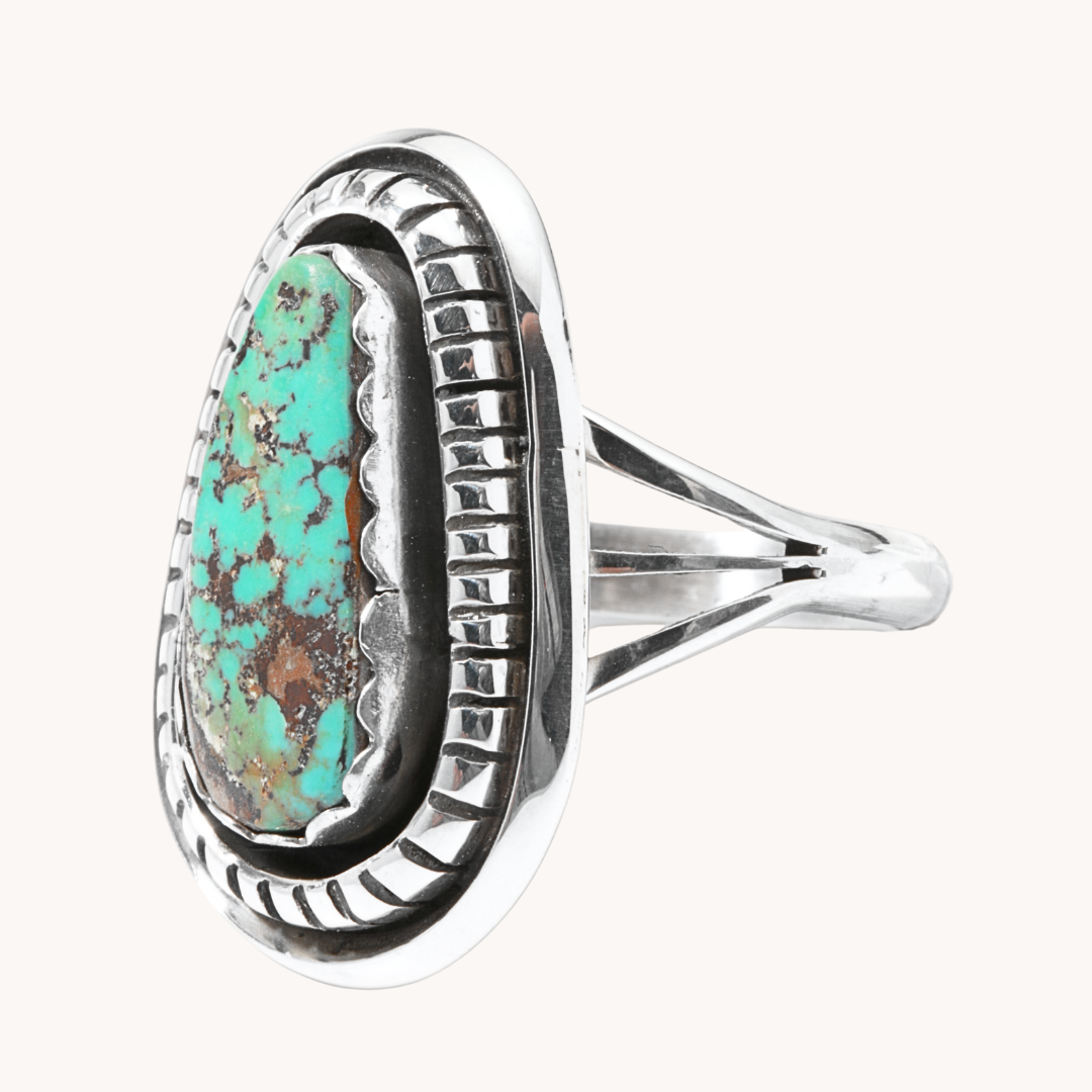 Shadowbox Turquoise Ring with Saw-Work Border