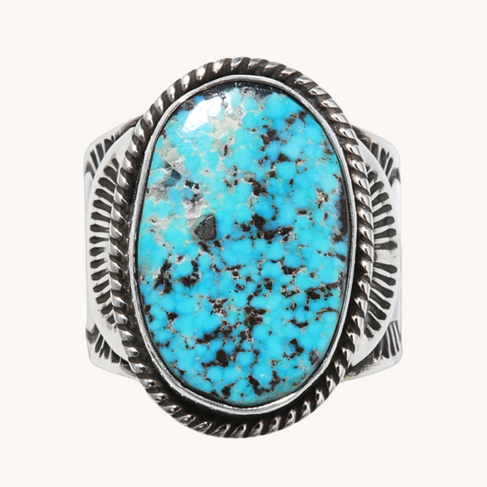 Turquoise Ring with Silver Shields and Stamped Band