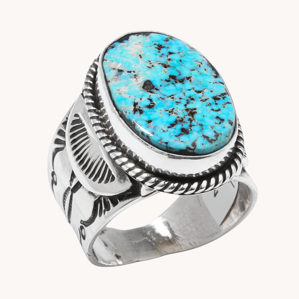 Turquoise Ring with Silver Shields and Stamped Band