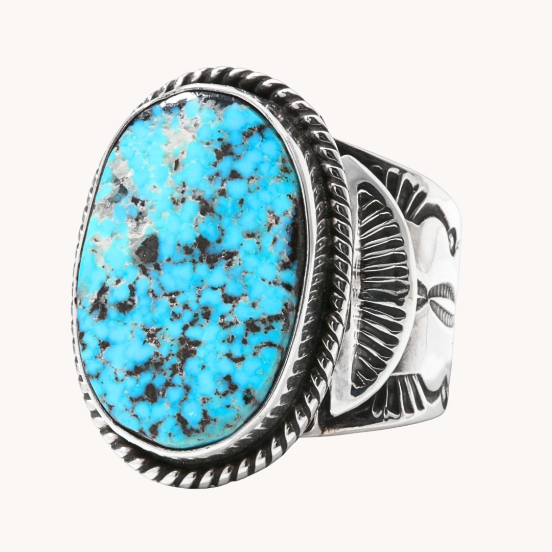 Turquoise Ring with Silver Shields and Stamped Band