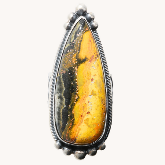 Bumblebee Jasper Ring with Wide Stamped Band