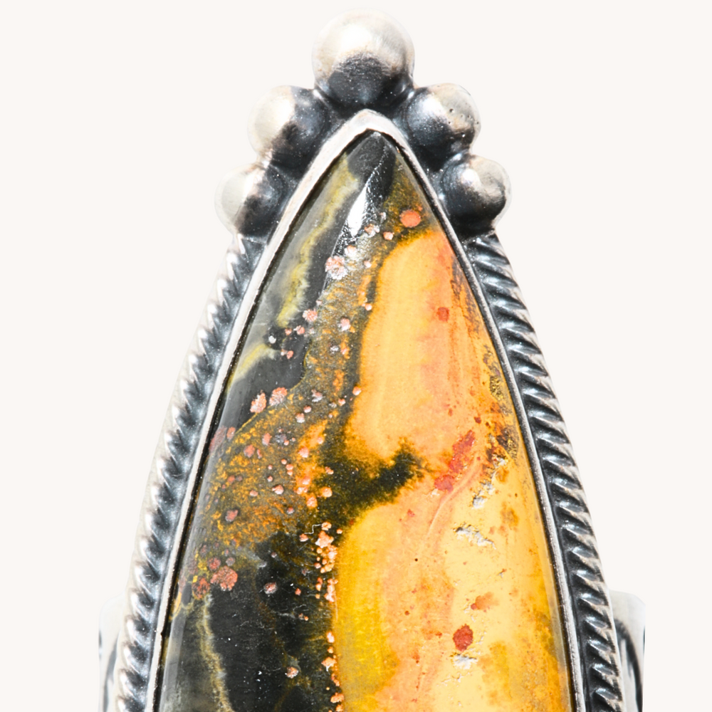 Bumblebee Jasper Ring with Wide Stamped Band