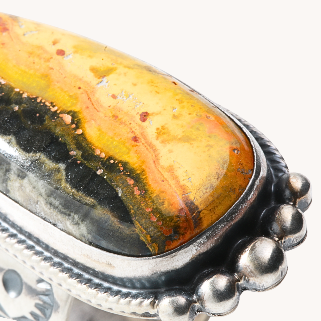 Bumblebee Jasper Ring with Wide Stamped Band