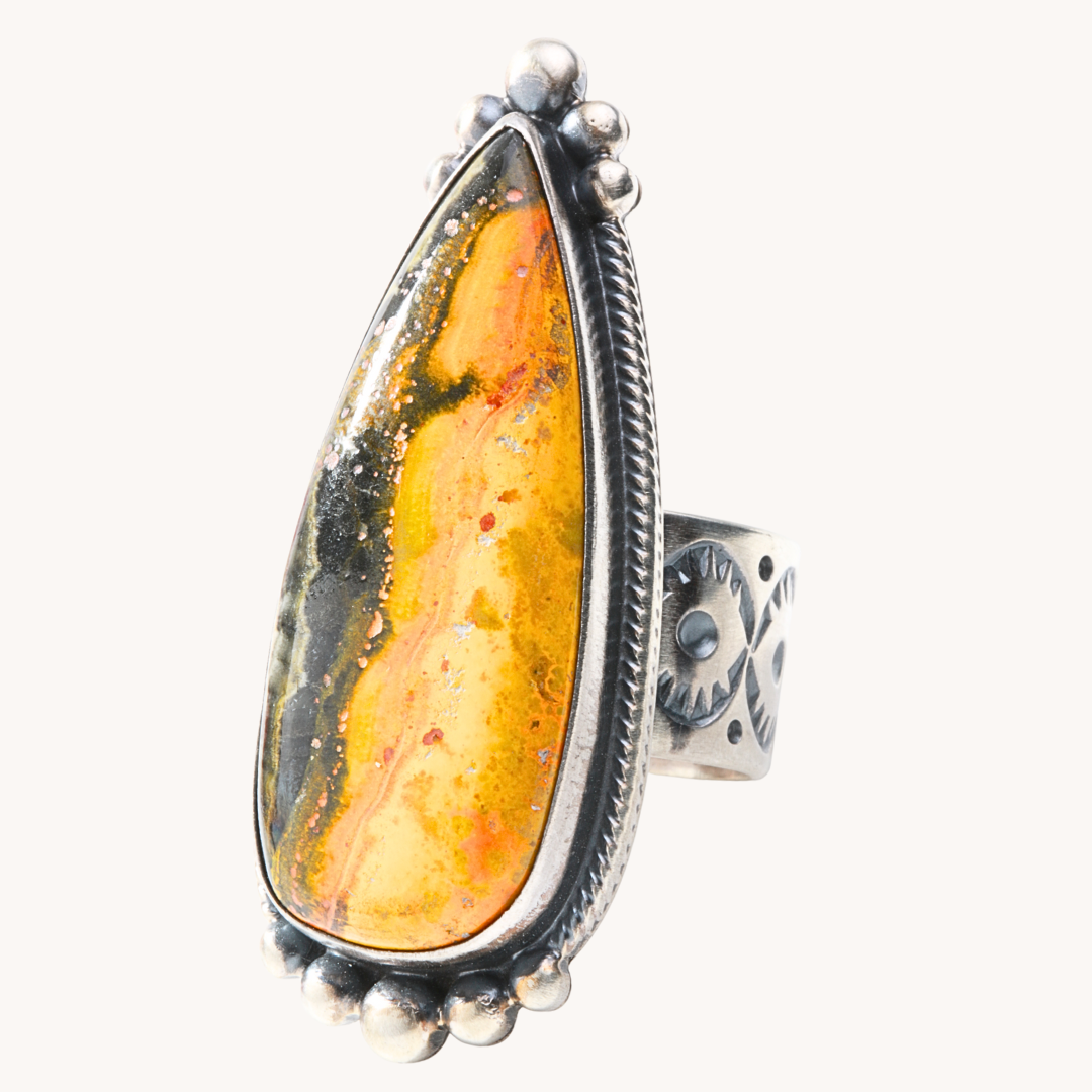 Bumblebee Jasper Ring with Wide Stamped Band