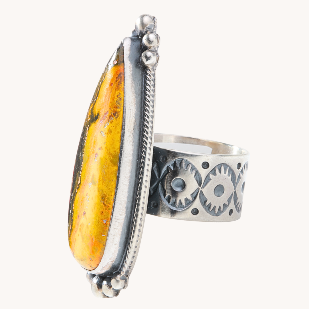 Bumblebee Jasper Ring with Wide Stamped Band
