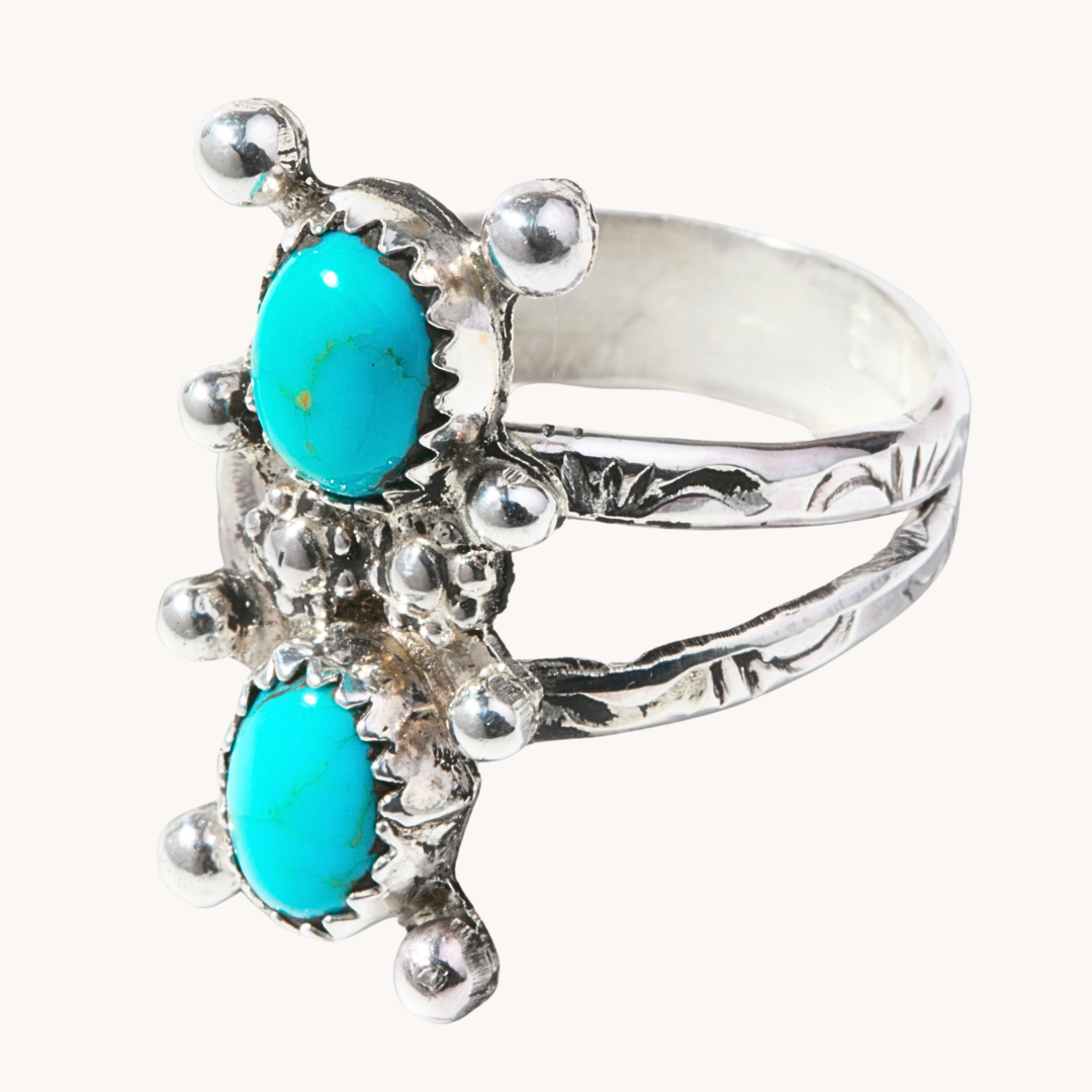 Two-Stone Turquoise Rings with Silver Bead Accents