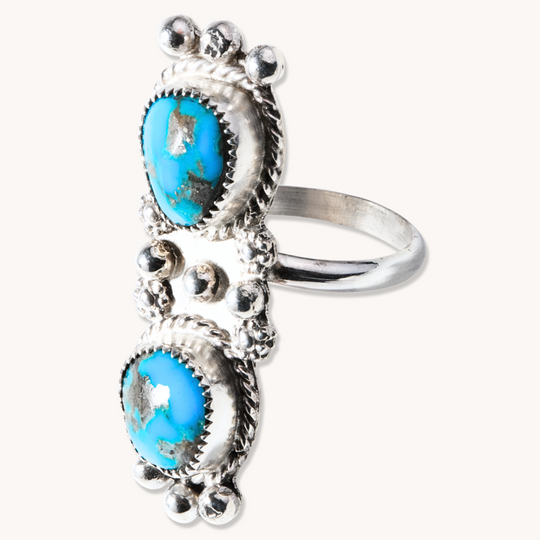 2-Stone Turquoise Ring with Silver Bead Accents