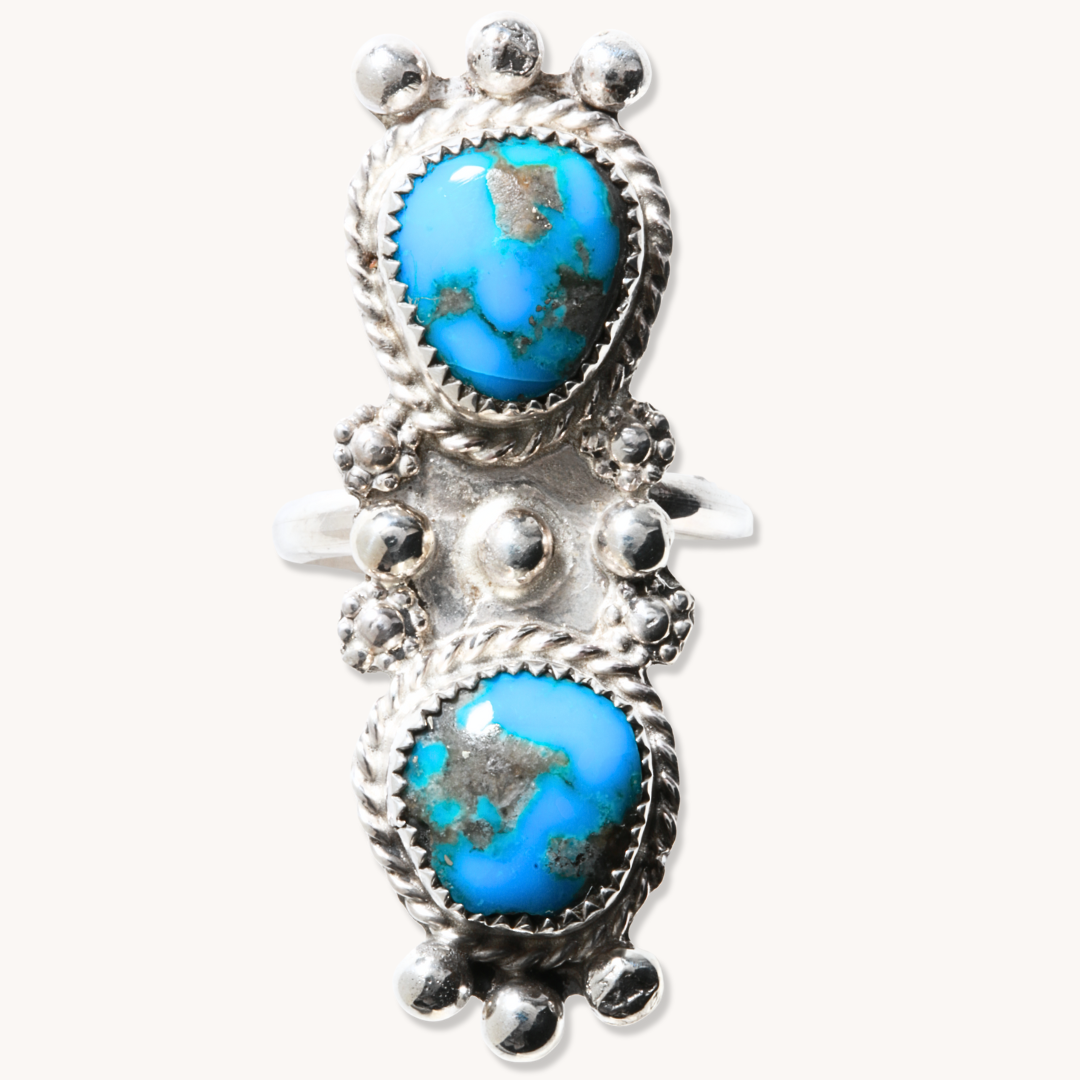 2-Stone Turquoise Ring with Silver Bead Accents