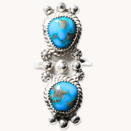 2-Stone Turquoise Ring with Silver Bead Accents