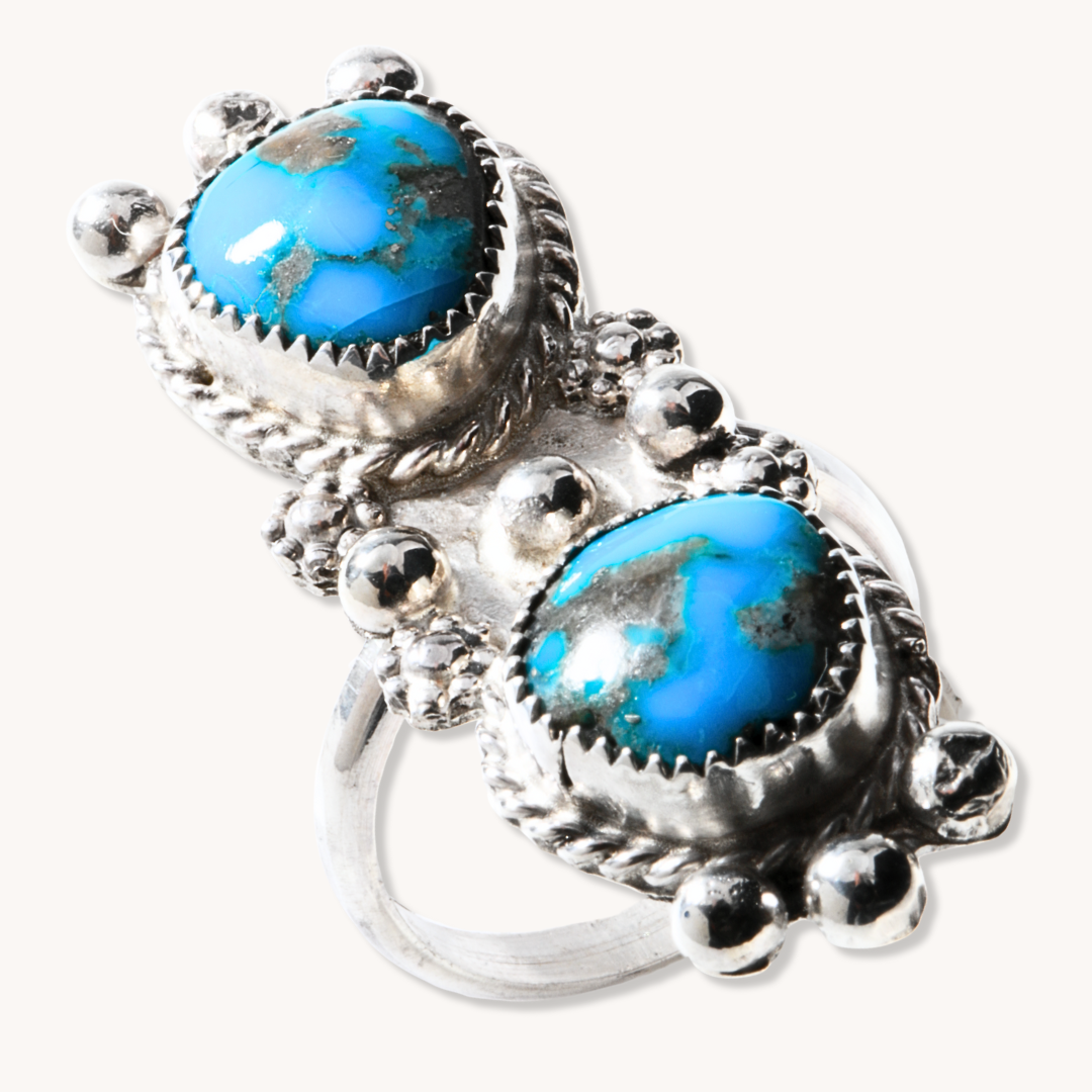 2-Stone Turquoise Ring with Silver Bead Accents