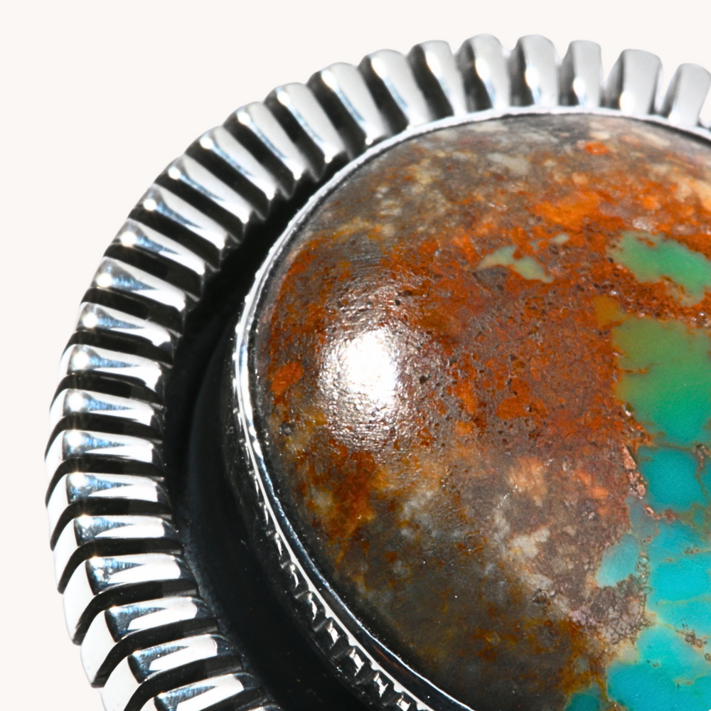 Turquoise Ring with Saw-Work Border
