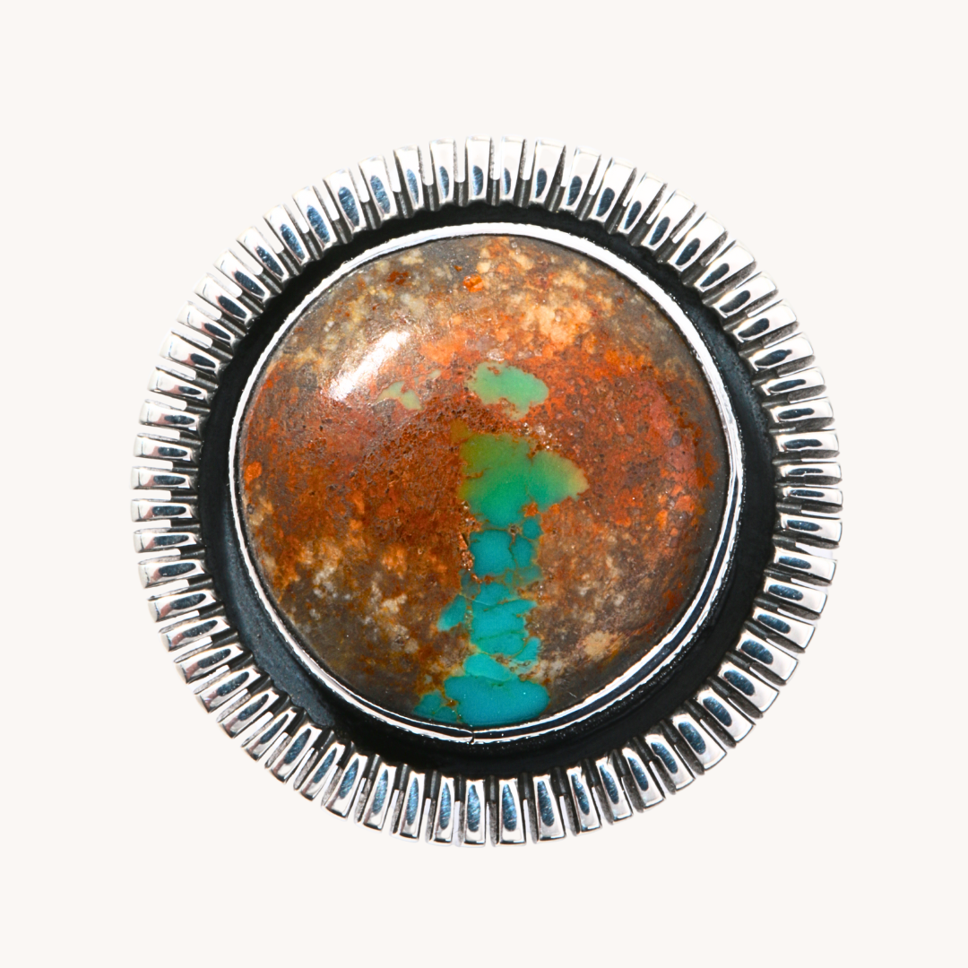 Turquoise Ring with Saw-Work Border