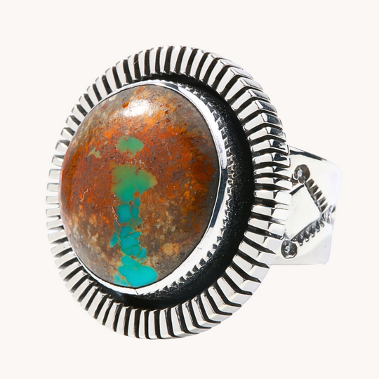 Turquoise Ring with Saw-Work Border