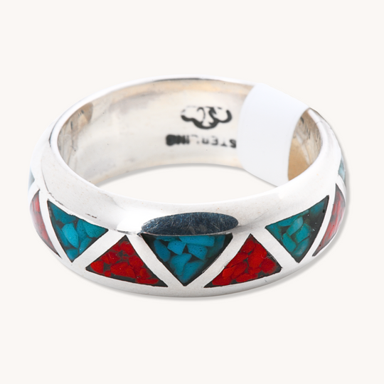 Turquoise and Coral Azteca-Style Rings