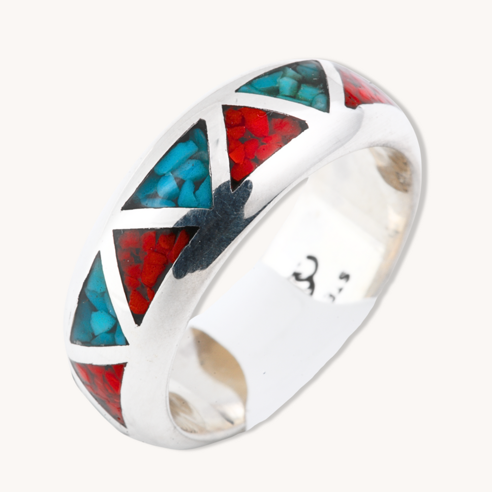 Turquoise and Coral Azteca-Style Rings