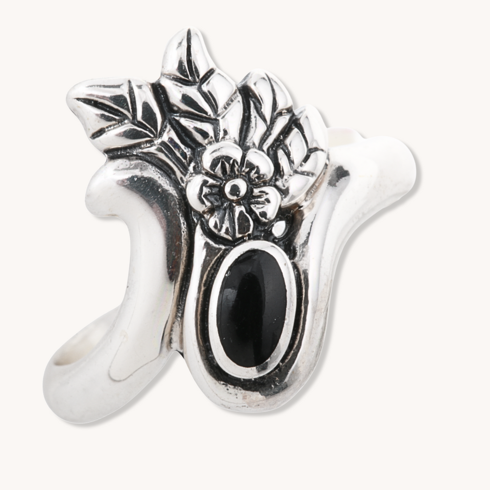 Onyx Ring with Floral Accents