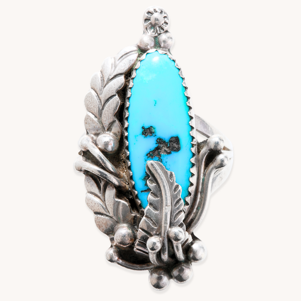 Vintage Turquoise Ring with Feather Applique