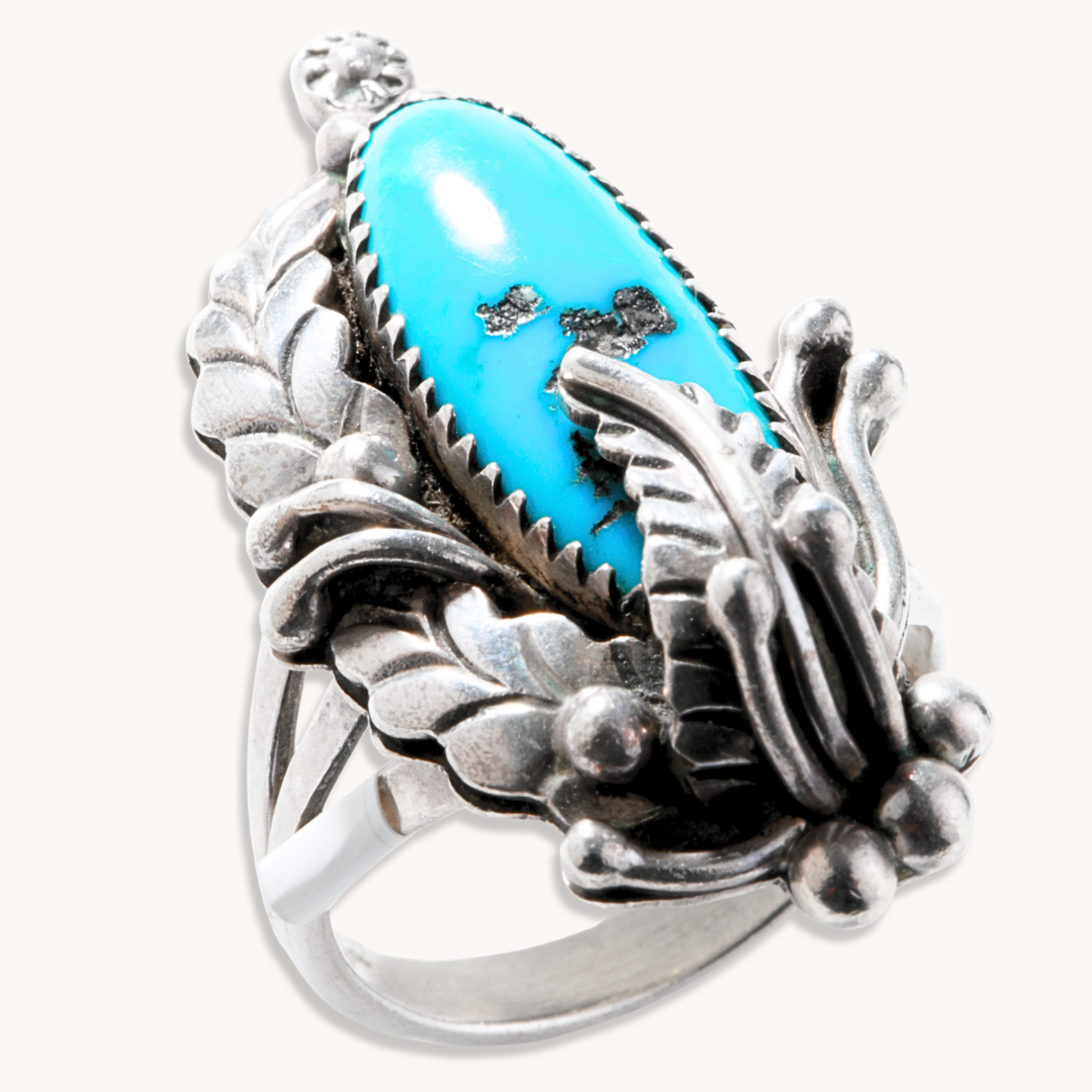 Vintage Turquoise Ring with Feather Applique