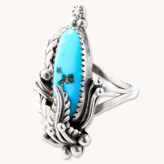 Vintage Turquoise Ring with Feather Applique