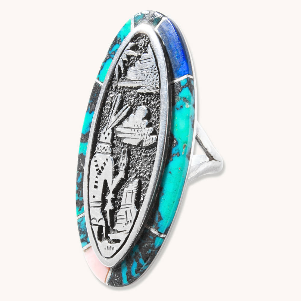 Vintage Kachina Storyteller Ring with Turquoise Inlay
