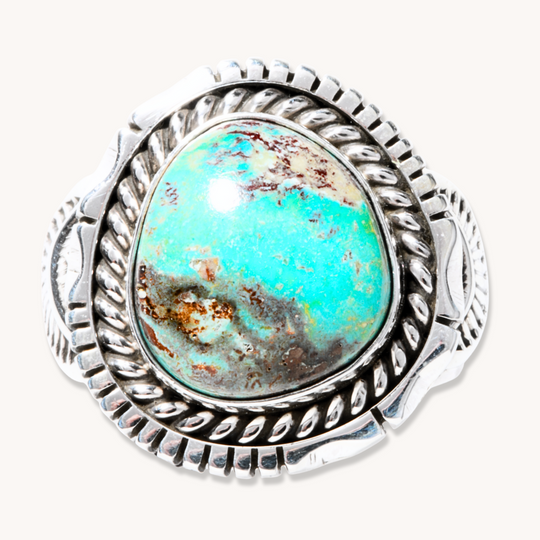 Turquoise Ring with Saw-Work Border