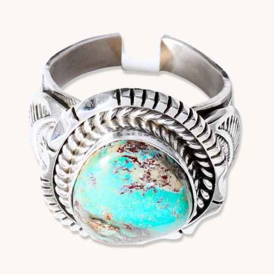 Turquoise Ring with Saw-Work Border