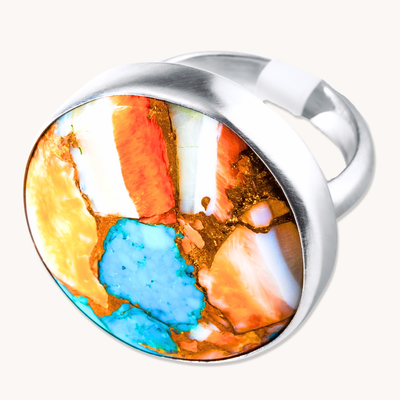 Spiny Oyster & Turquoise Composite Adjustable Rings — hand-stamped sterling silver